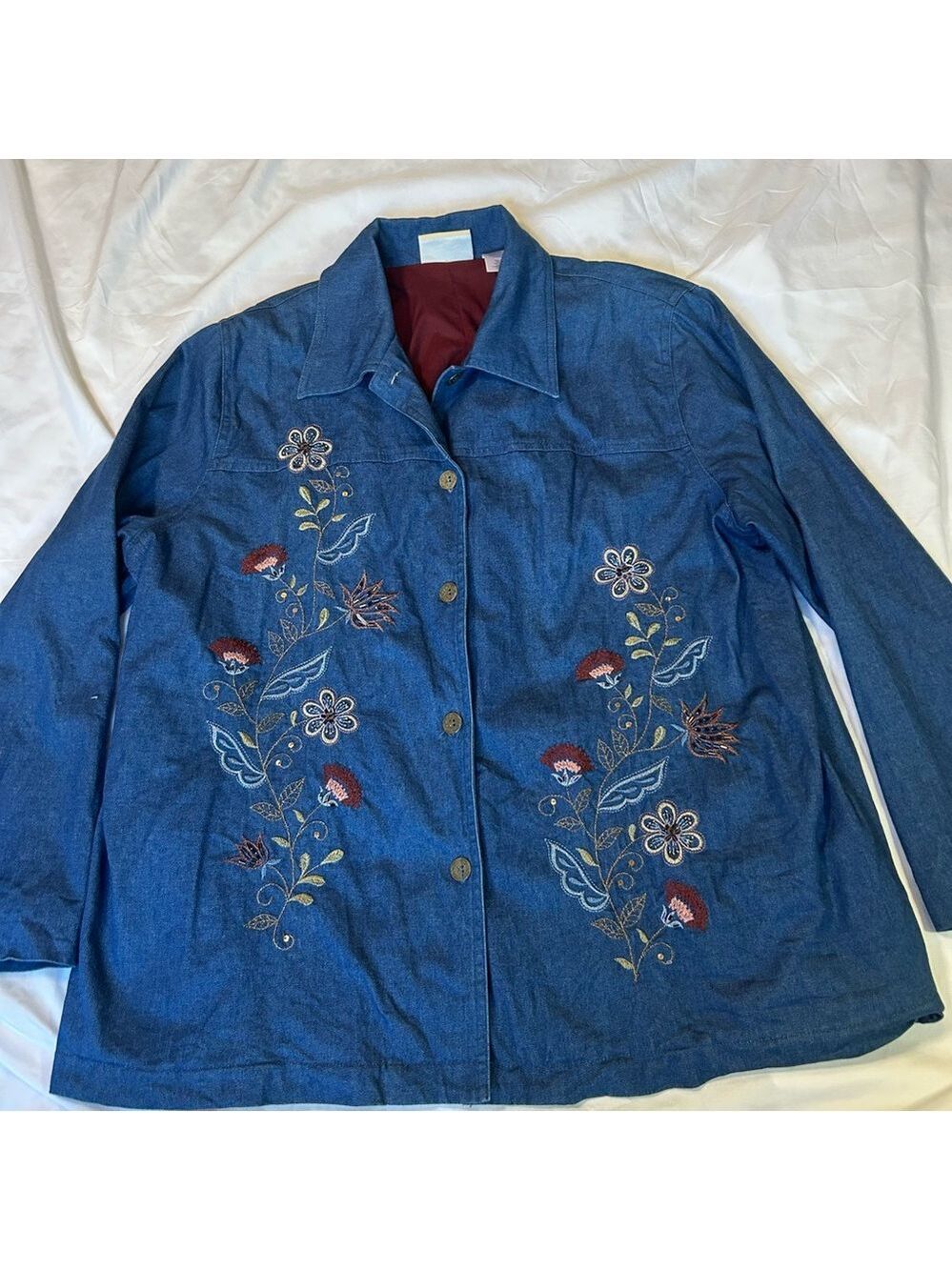 Alfred Dunner Chambray Denim Jacket 16W Blue Floral Embroidered Hippie Cottage - Picture 3 of 15